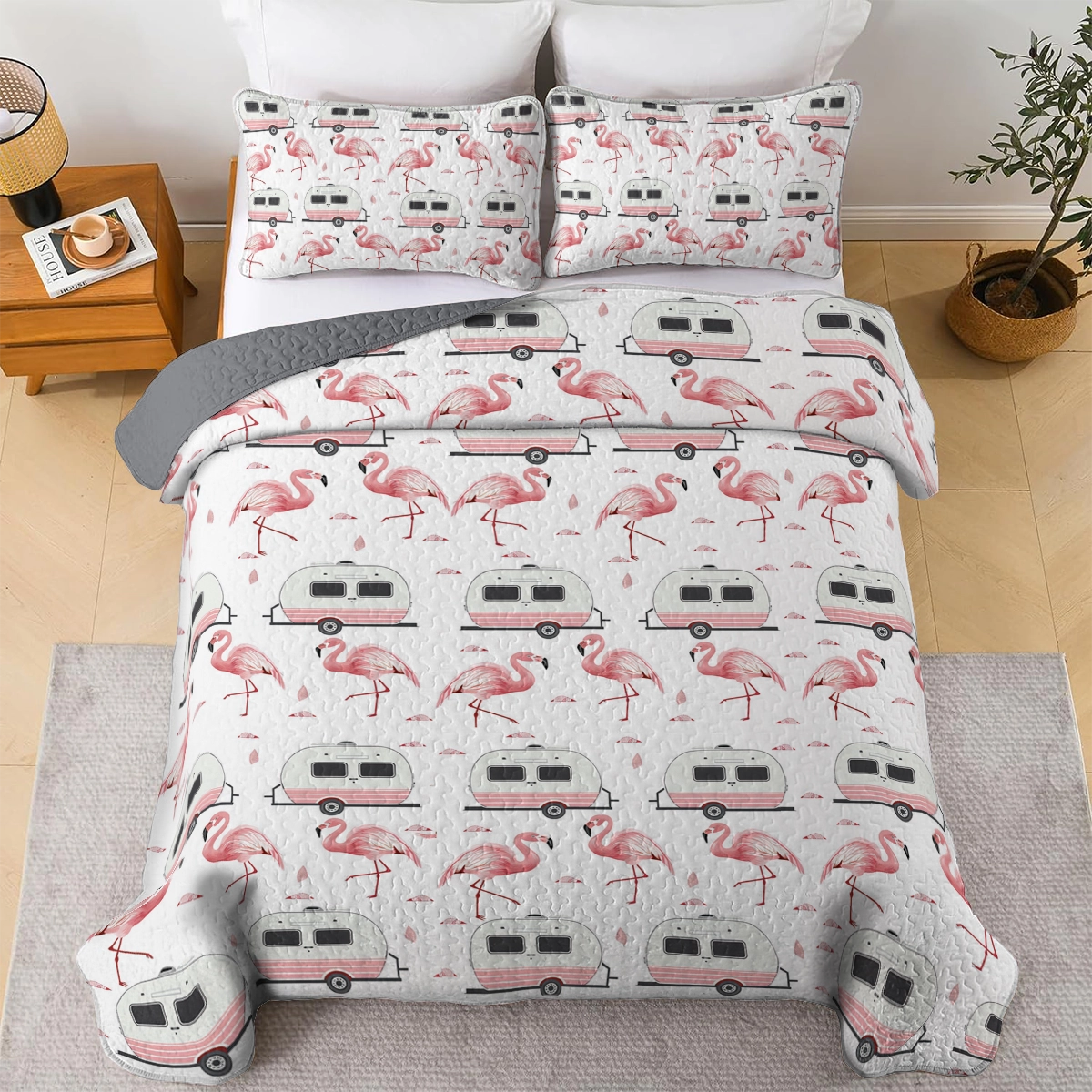 Shineful All Season Quilt 3-Piece Set Pink Flamingo Camper