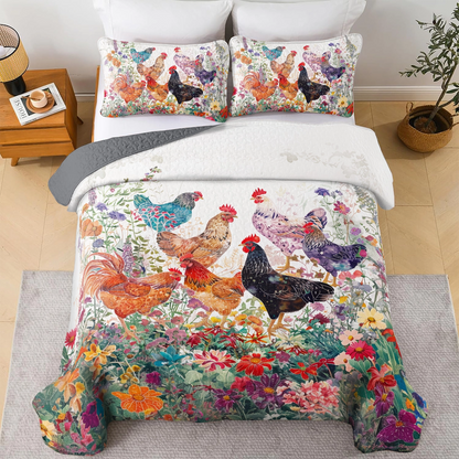 Shineful All Season Quilt 3-Piece Set Chicken Rooster Garden Bliss