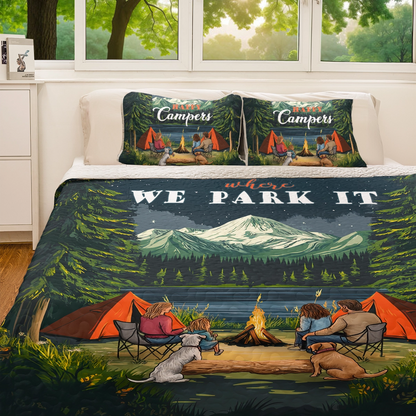 Shineful All Season Quilt 3-teiliges Set - Camping Familie Lagerfeuer