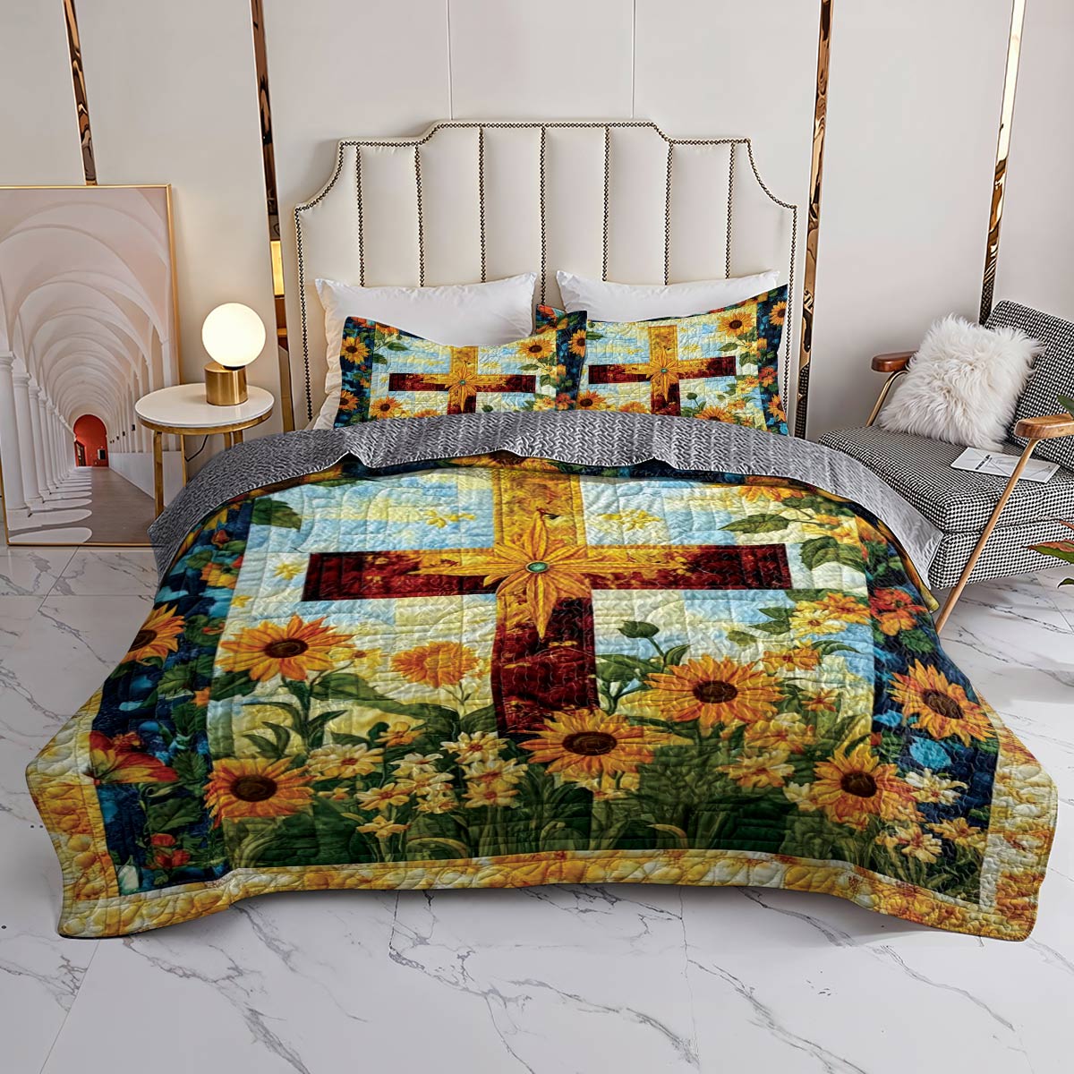 Shineful All Season Quilt 3-Piece Set Sunflower Cross