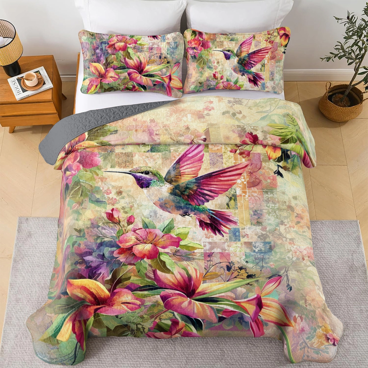 Shineful All Season Quilt 3-Piece Set Hummingbird Floral Flight