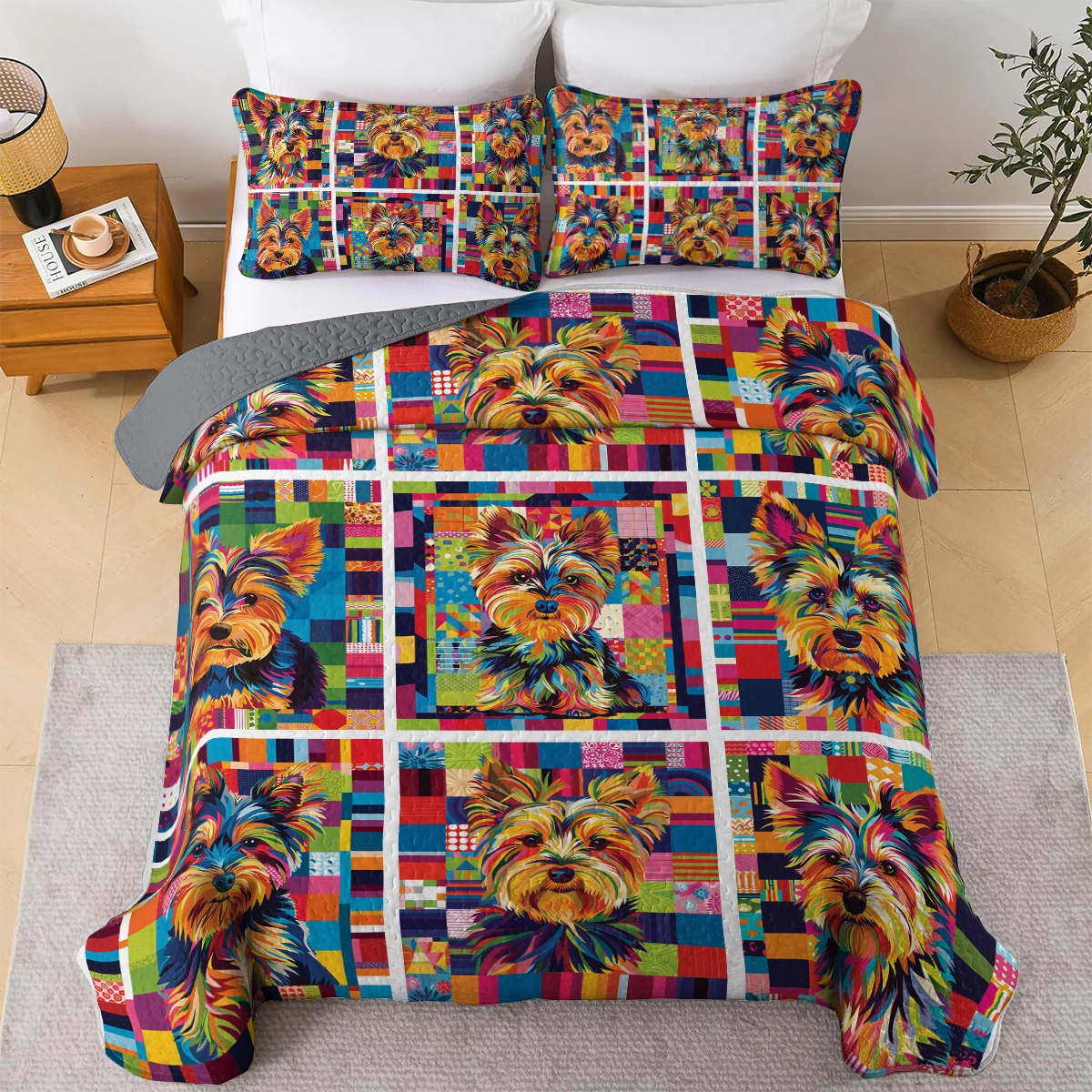 Shineful All Season Quilt 3-Piece Set Colorful Yorkie Delight