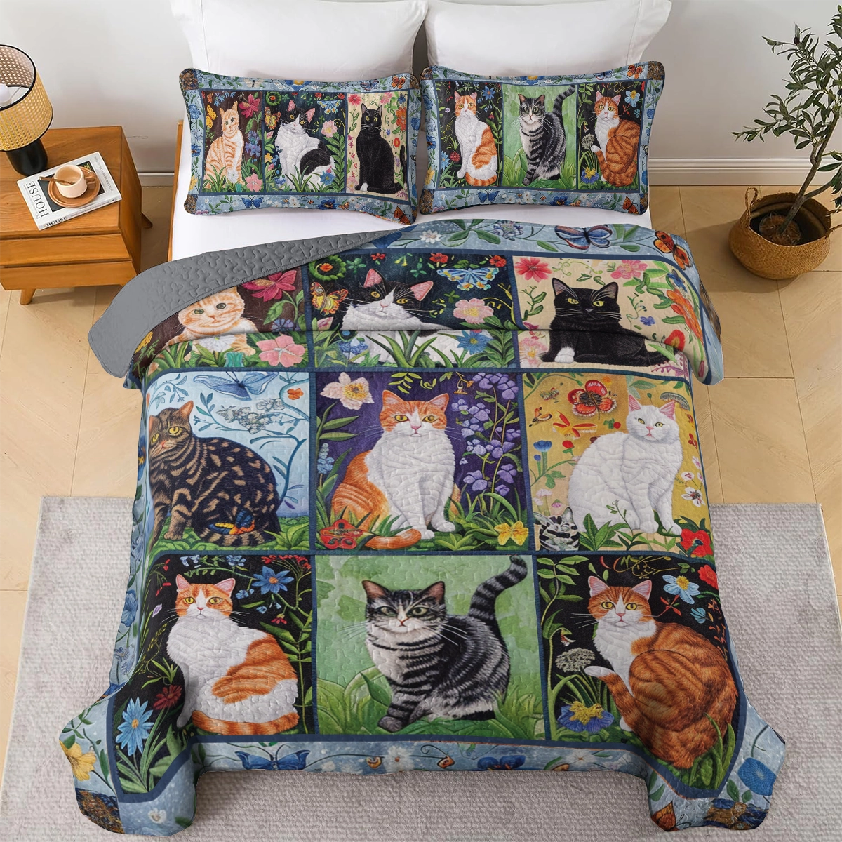 Shineful All Season Quilt 3-Piece Set Cat Floral Felines