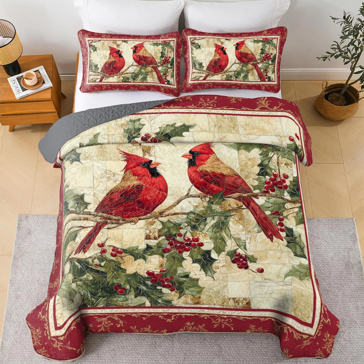 Shineful All Season Quilt 3-Piece Set Festive Cardinal