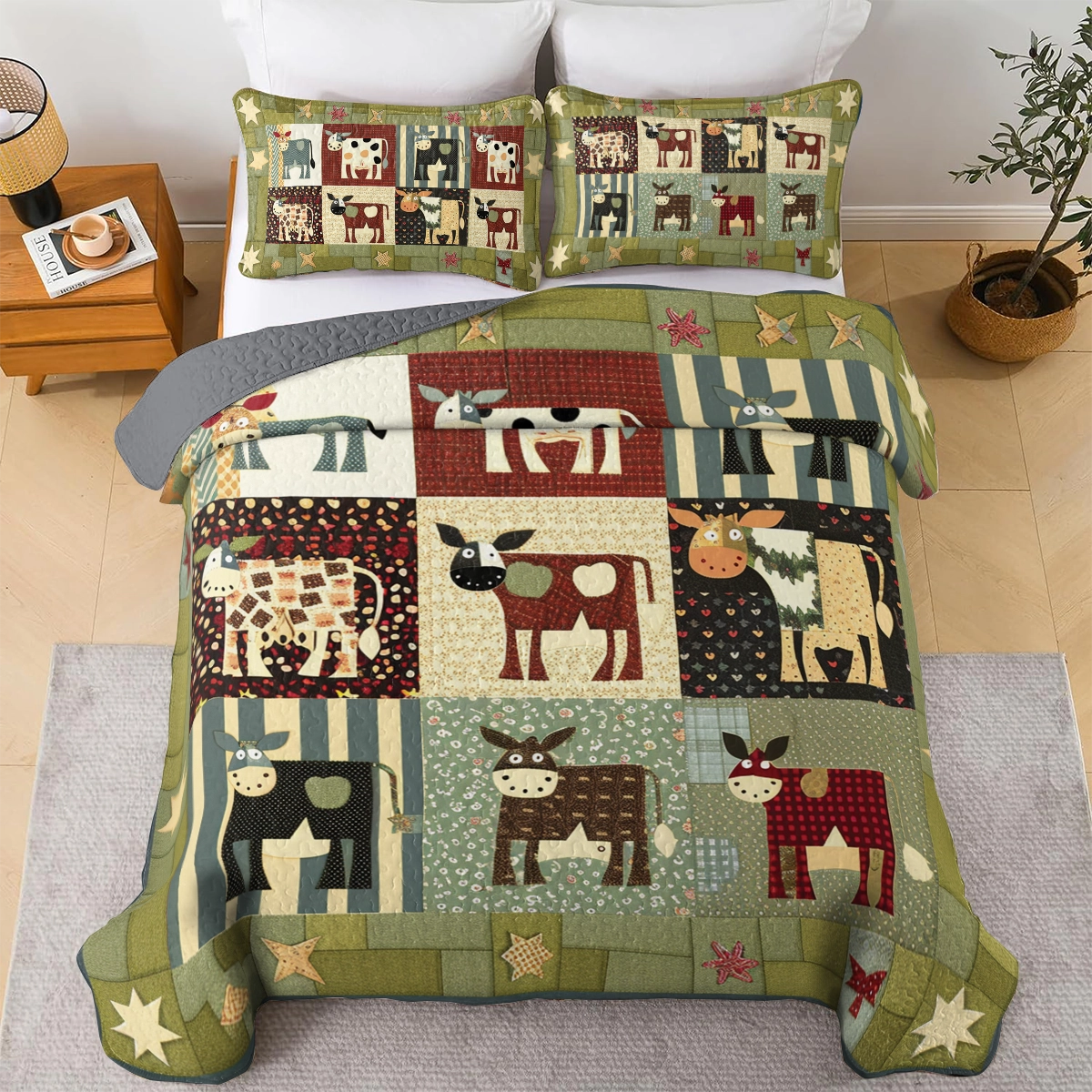 Shineful All Season Quilt 3-Piece Set Cow Farm Friends