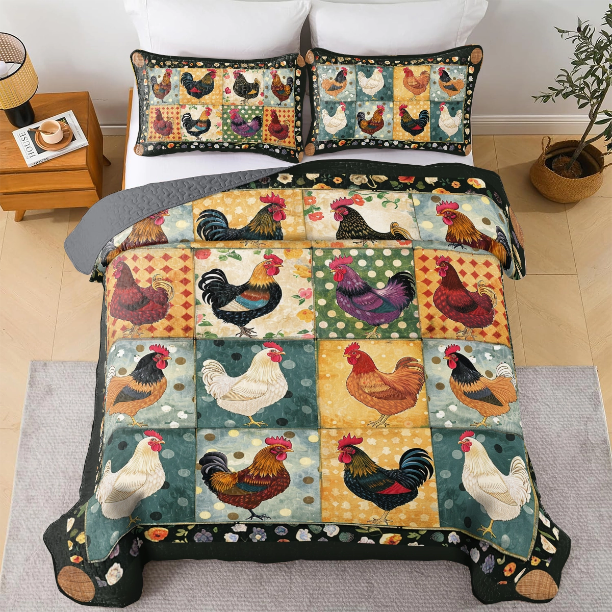 Shineful All Season Quilt 3-Piece Set Chicken Farm Rustic Roosters