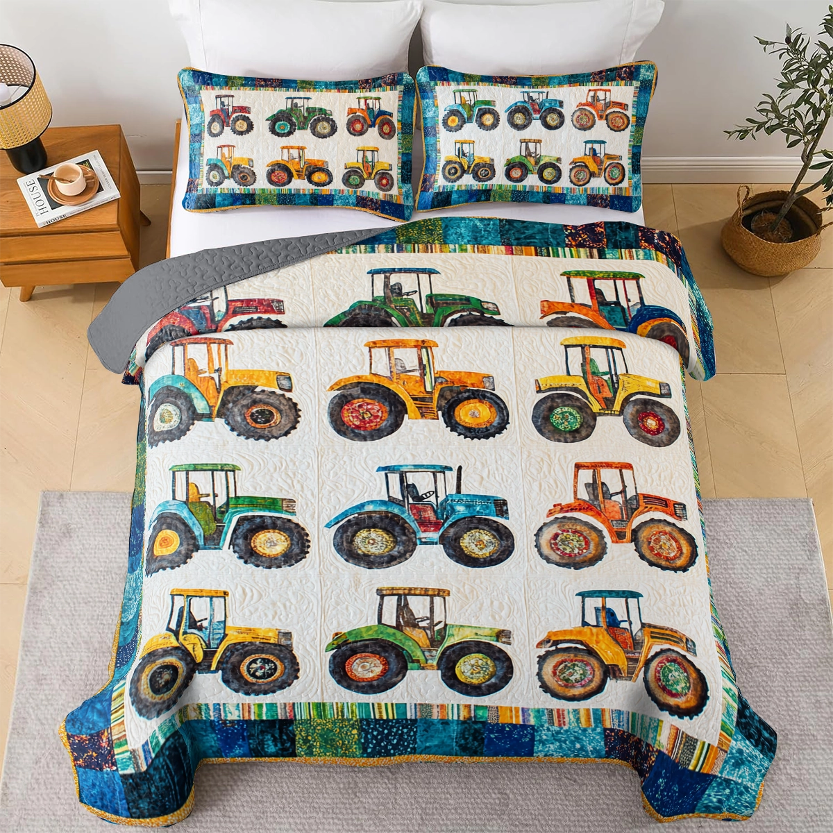 Ensemble de courtepointe toutes saisons Shineful 3 pièces Farm Country Tractors