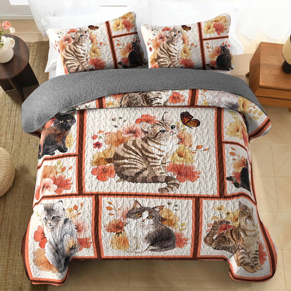 Shineful All Season Quilt 3-teiliges Set Katze und Blume 