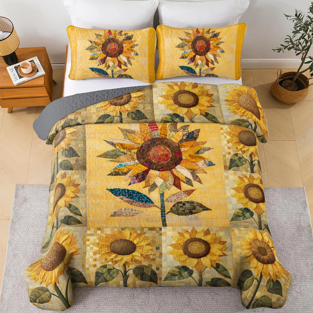 Shineful All Season Quilt 3-Piece Set Golden Patchwork Sunflower