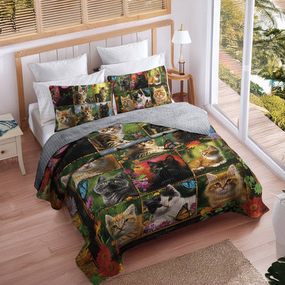 Shineful All Season Quilt 3-Piece Set Cat Elegent Flower