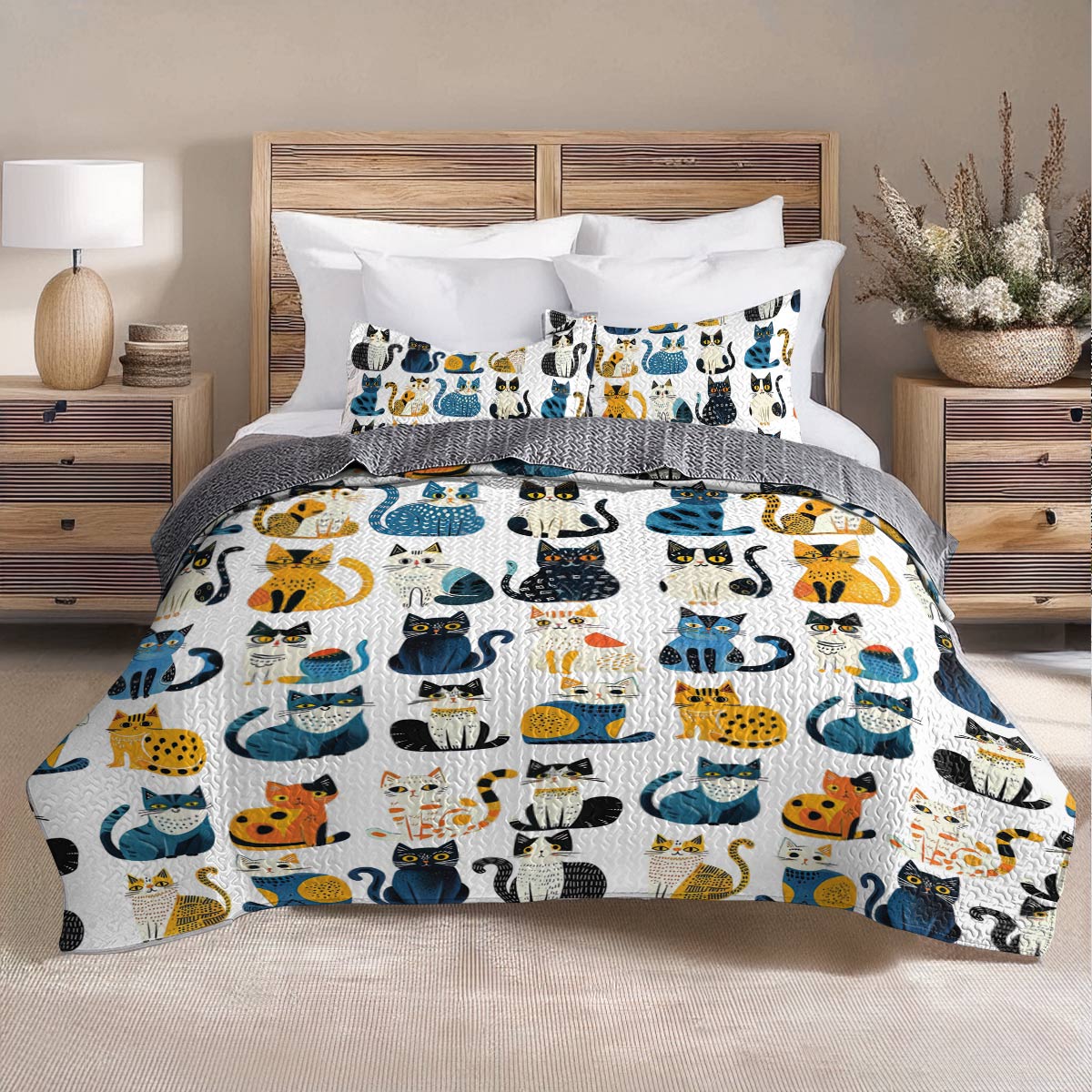 Shineful All Season Quilt 3-Piece Set Blue Pattern Cat