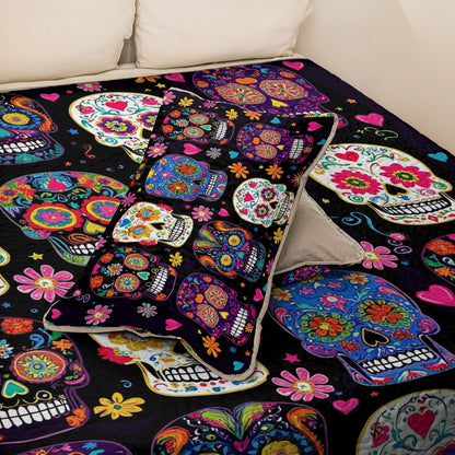 Shineful All Season Quilt 3-Piece Set Colorful Calaveras Skull