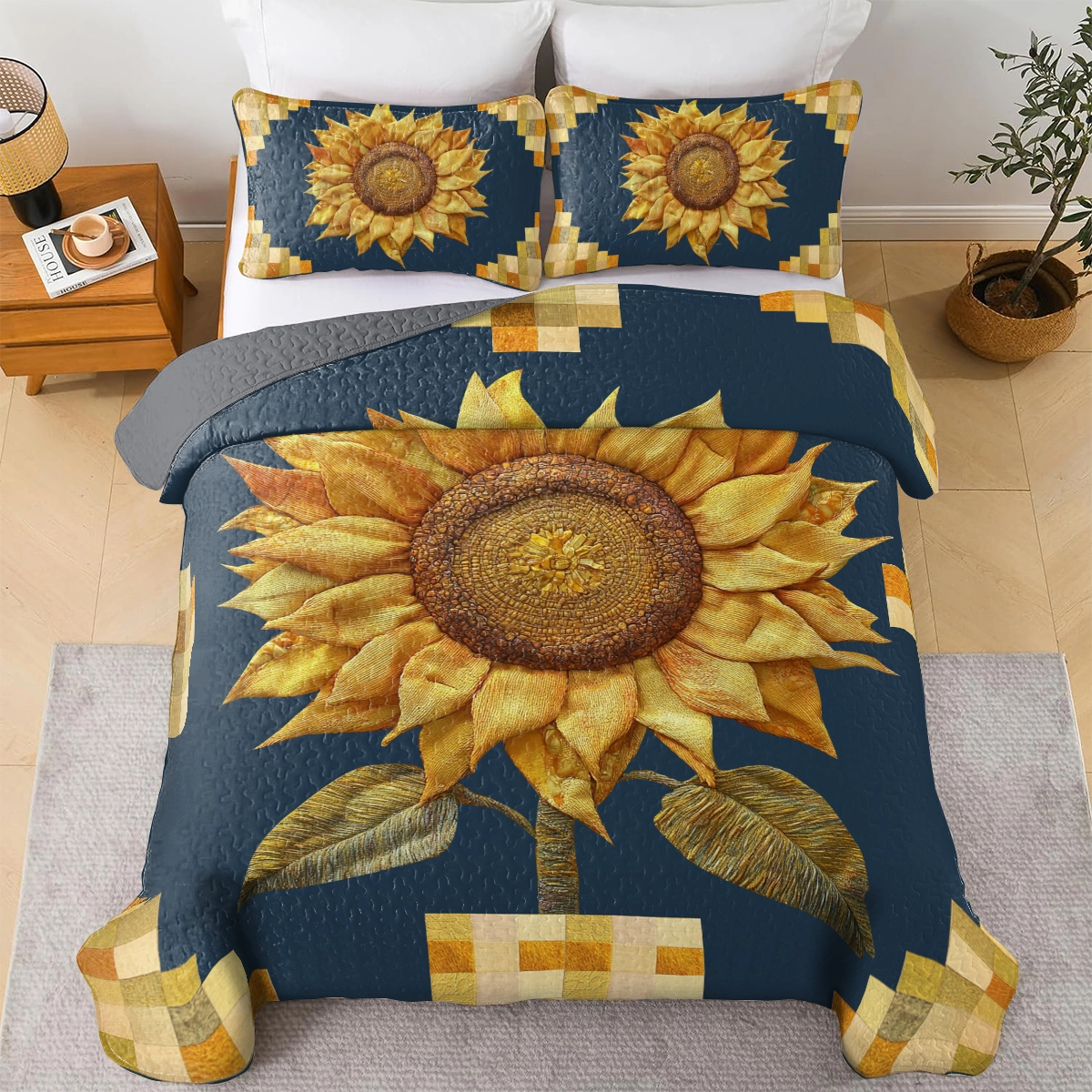 Shineful All Season Quilt 3-Piece Set Midnight Sunflower