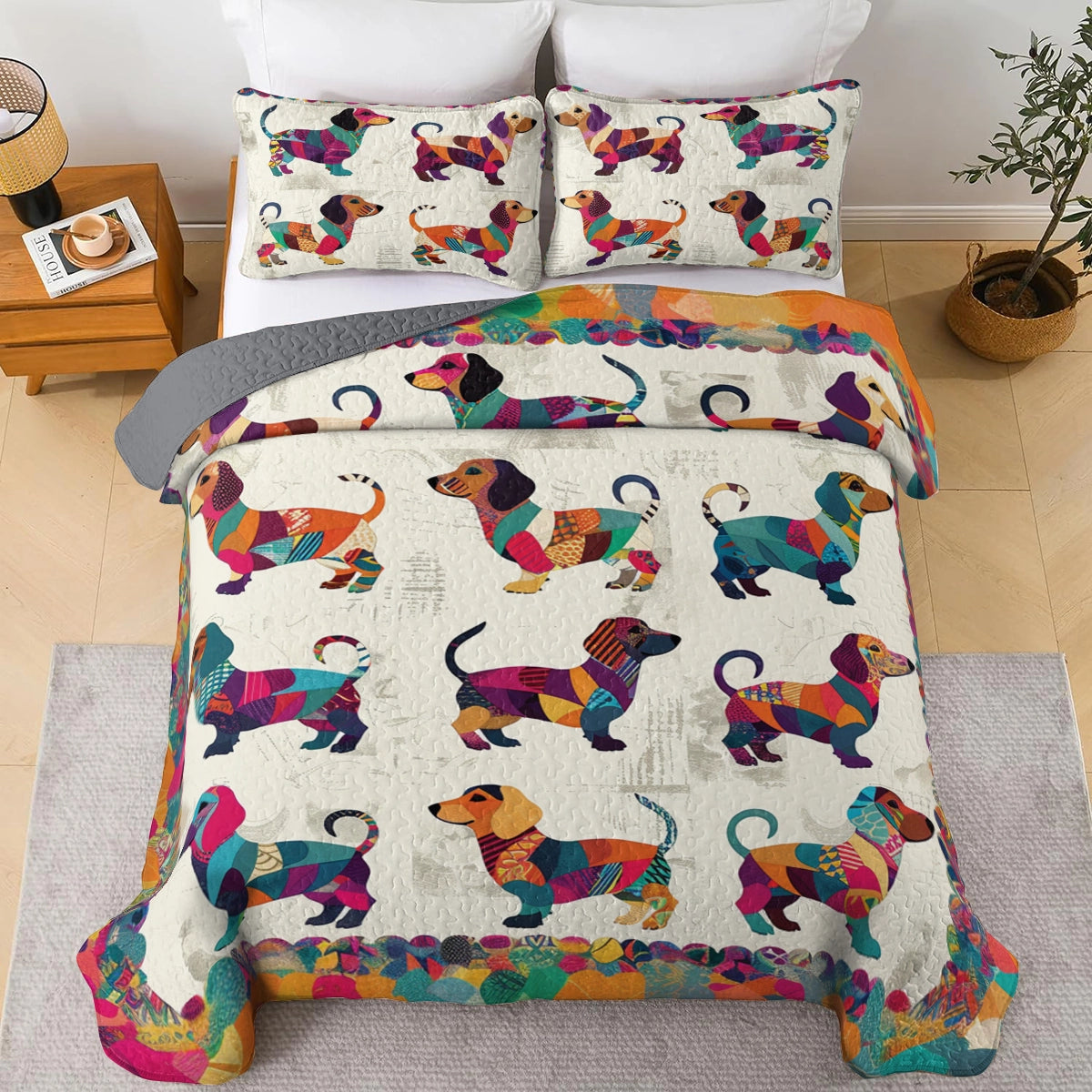 Ensemble de courtepointe toutes saisons Shineful 3 pièces Patchwork Dachshund Dreams