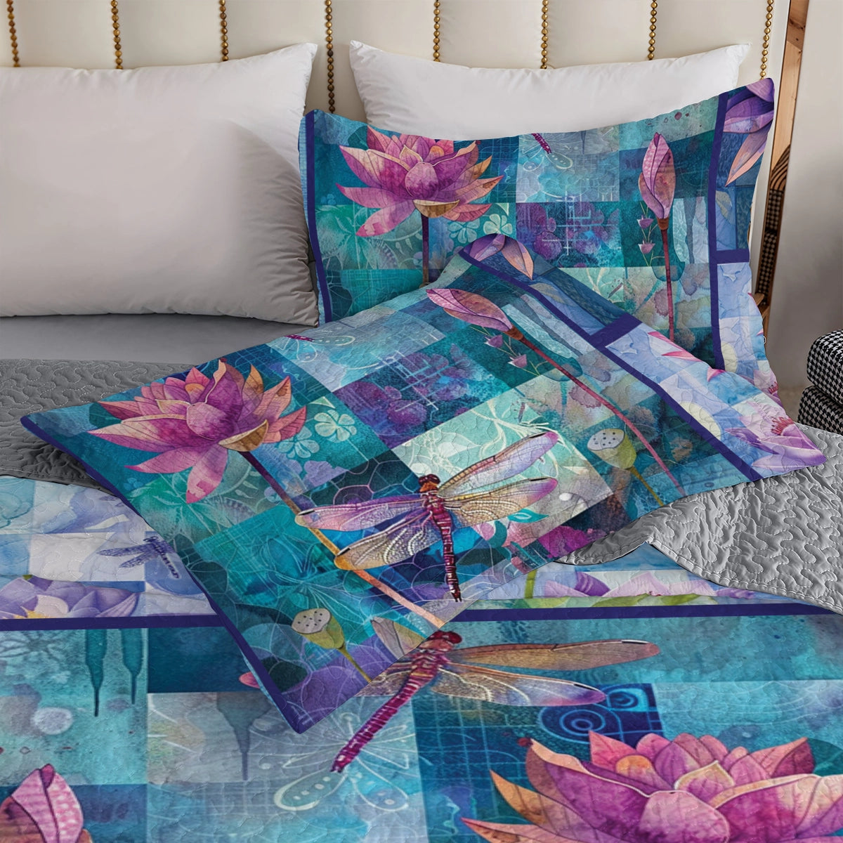 Shineful All Season Quilt 3-Piece Set Lotus Dragonfly Serenity