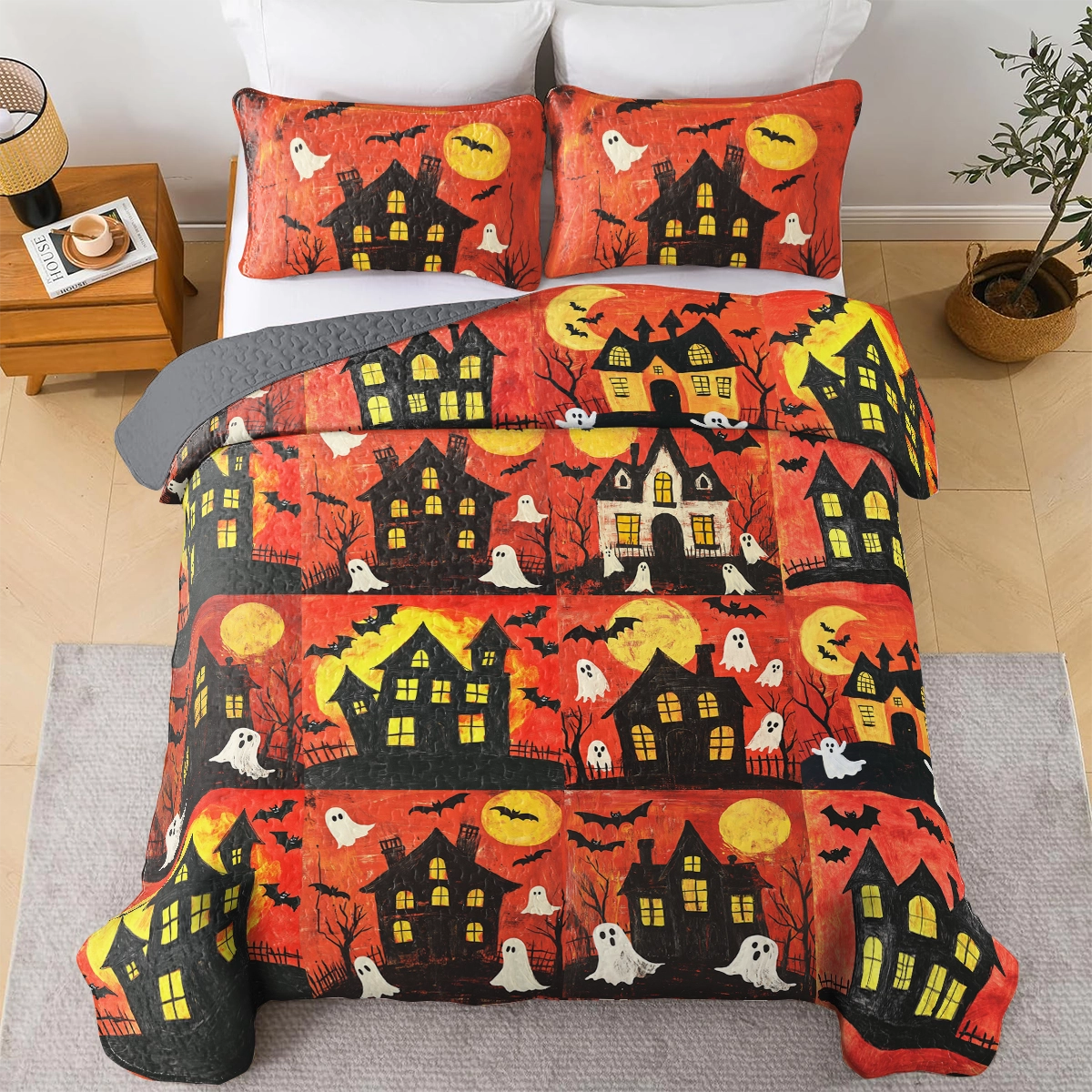 Shineful All Season Quilt 3-Piece Set Halloween Ghost Patchwork