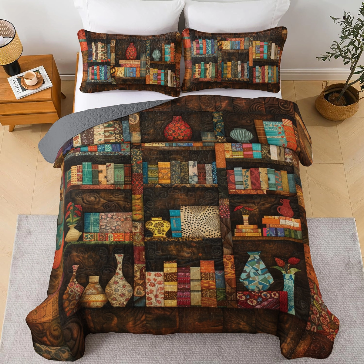 Shineful All Season Quilt 3-Piece Set Vintage Library Book