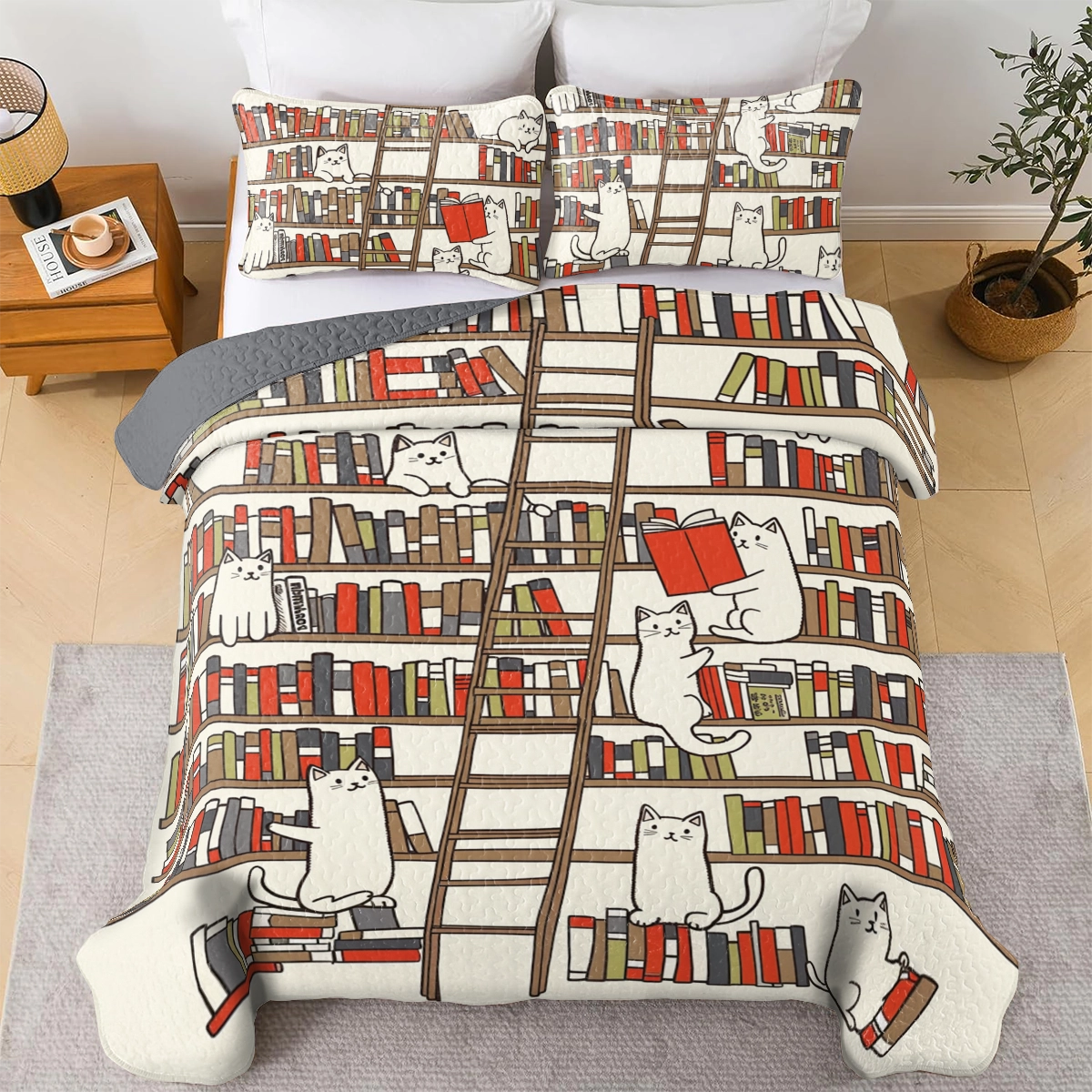 Shineful All Season Quilt 3-Piece Set Reading Bookish Cats