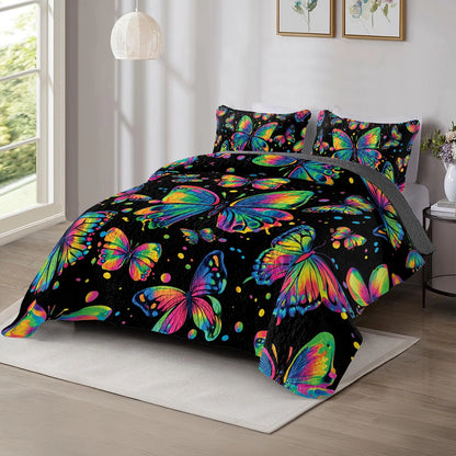 Shineful All Season Quilt 3-Piece Set - Neon Butterfly Dreams