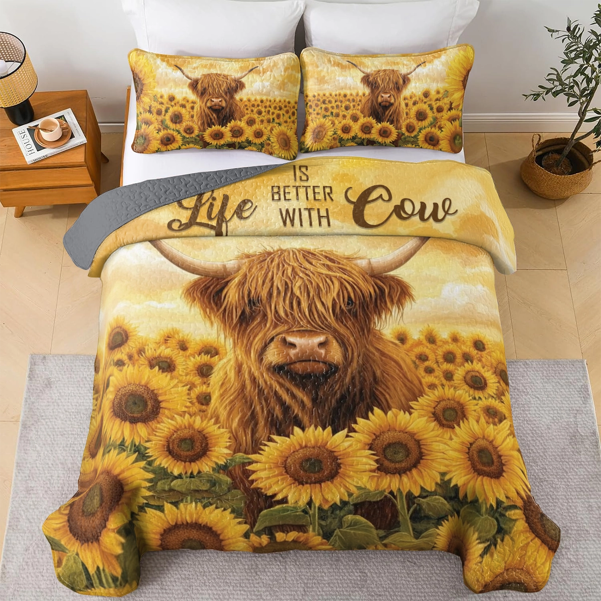 Shineful All Season Quilt 3-teiliges Set – Sunflower Snuggles Highland Cow