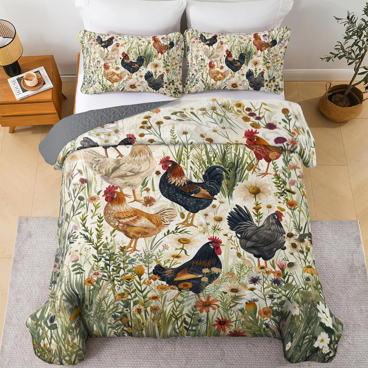 Shineful All Season Quilt 3-teiliges Set Floral Rustic Chicken Meadow