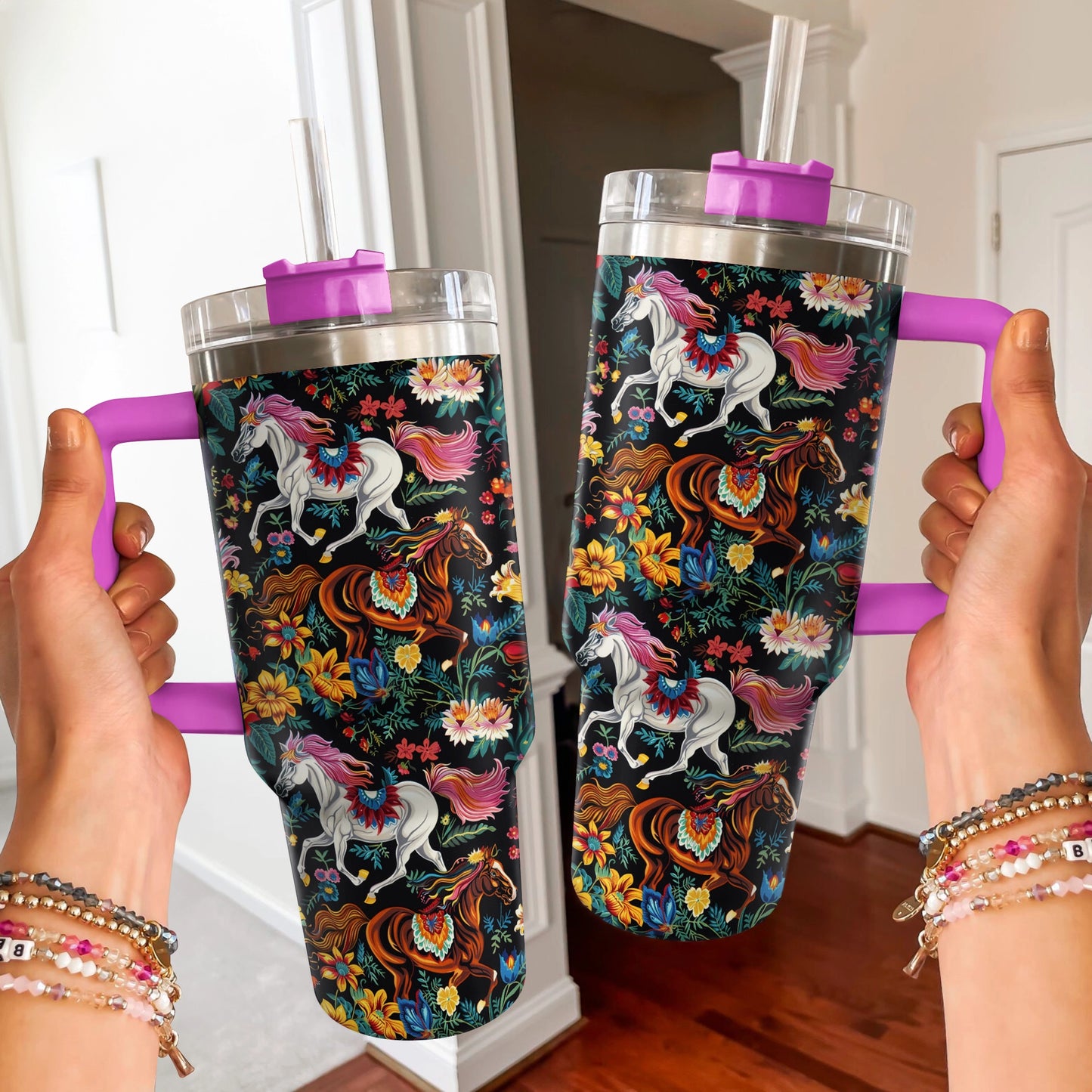 Tumbler brillant Cheval Fleurs vibrantes