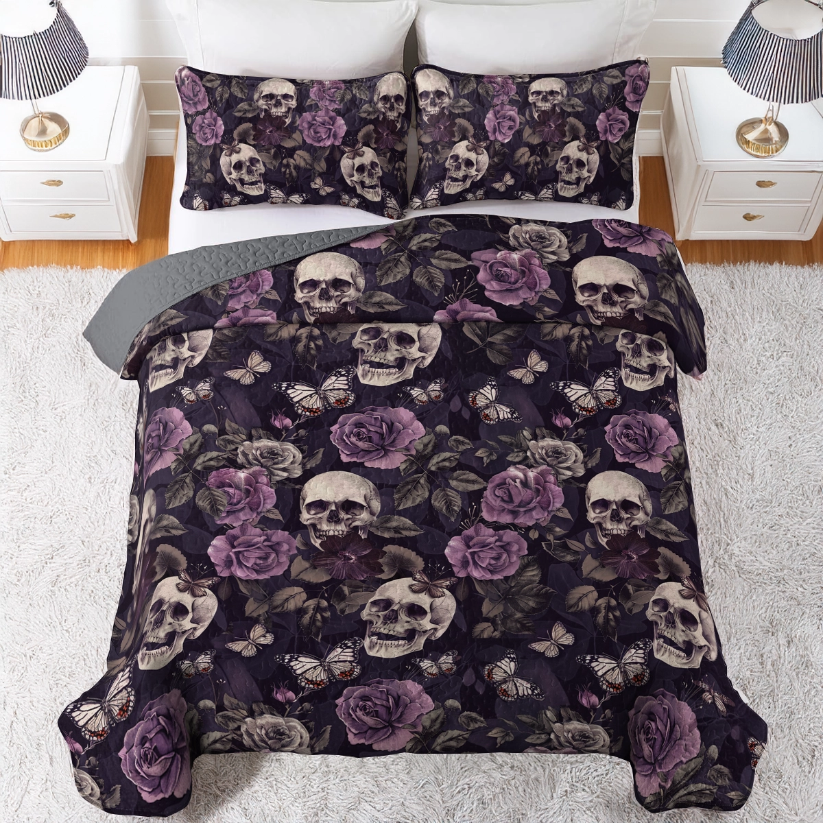 Shineful All Season Quilt 3-Piece Set Midnight Skulls and Roses