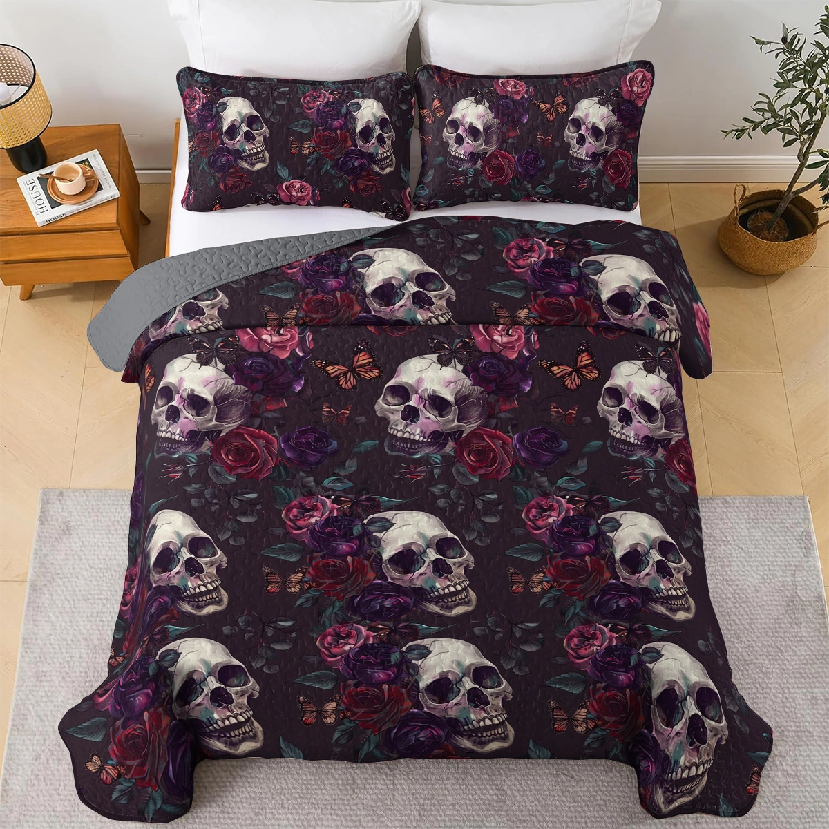 Shineful All Season Quilt 3-Piece Set Gothic Rose Skull