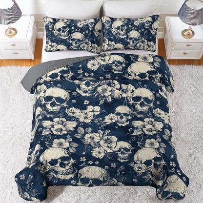 Shineful All Season Quilt 3-Piece Set Midnight Skull Blooms