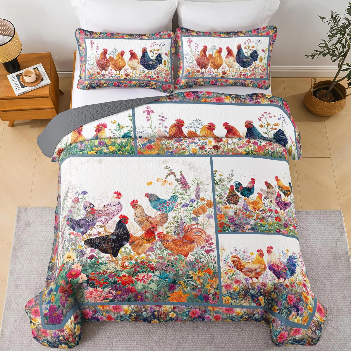 Shineful All Season Quilt 3-Piece Set Chicken Spring Bliss