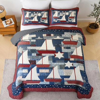 Shineful All Season Quilt 3-Piece Set Sailing Patriotic Sailboats