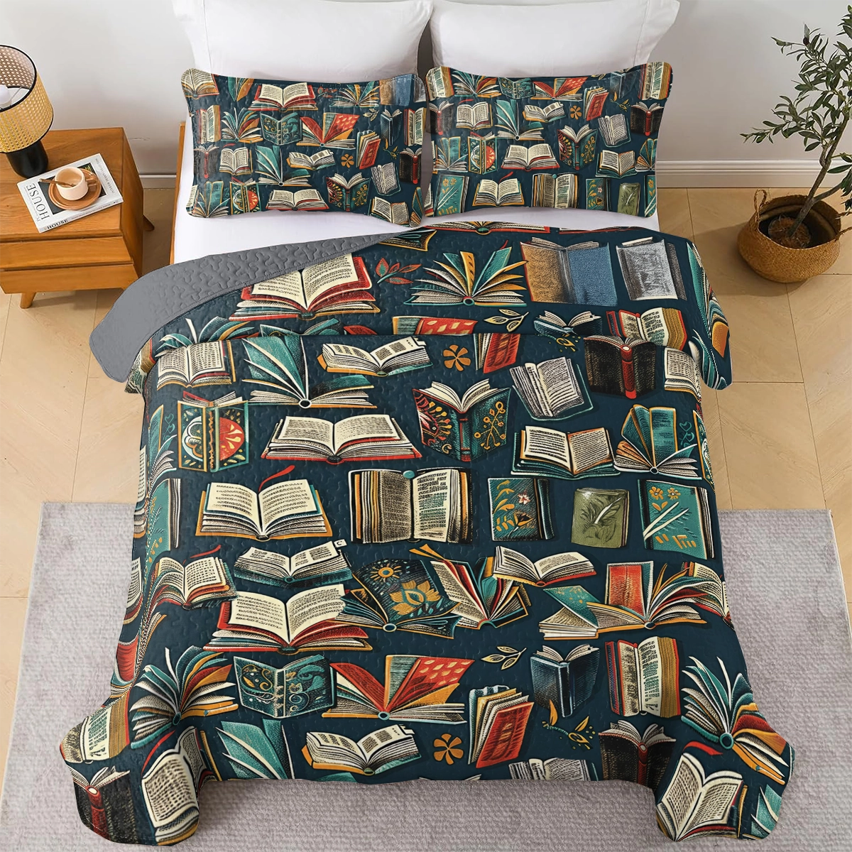 Shineful All Season Quilt 3-Piece Set Reading Enchanted Library