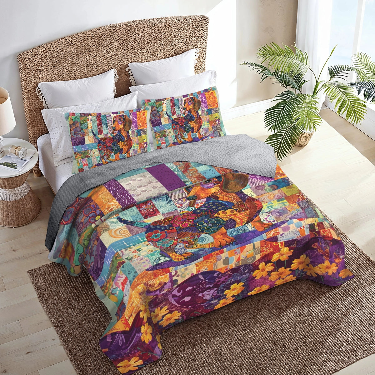 Shineful All Season Quilt 3-Piece Set Patchwork Floral Dachshund