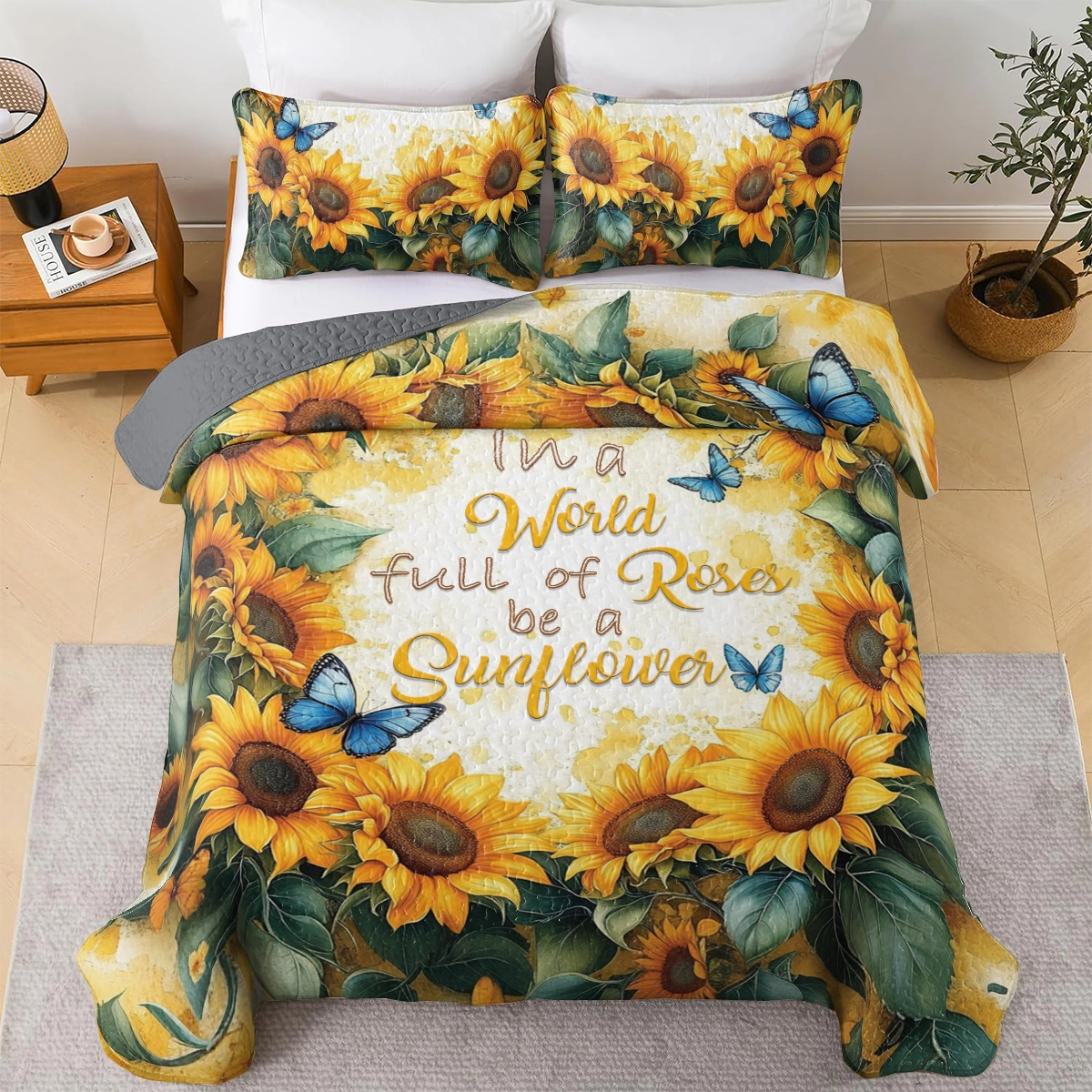 Shineful All Season Quilt 3-Piece Set - Butterfly Sunflower Serenity