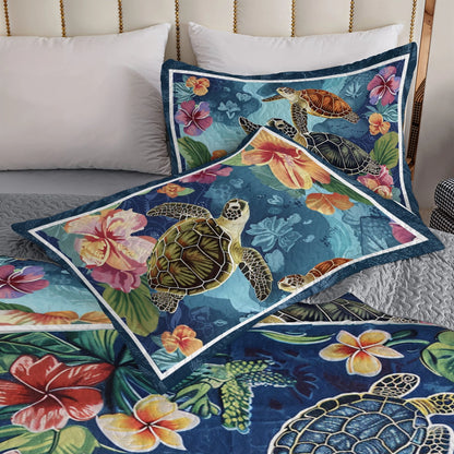 Shineful All Season Quilt 3-Piece Set Hibiscus Gentle Sea Turtle