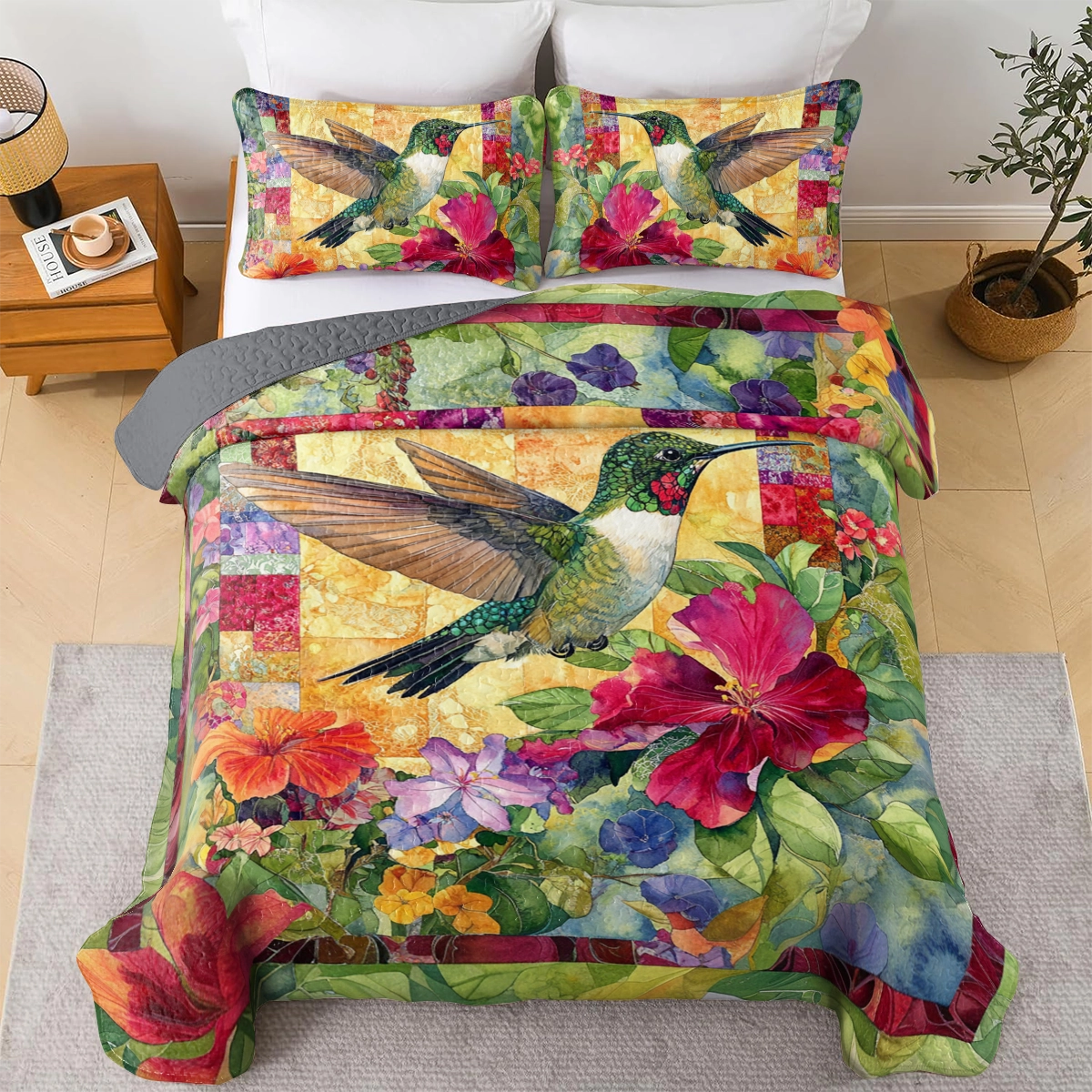 Shineful All Season Quilt 3-Piece Set Garden Glow Hummingbird