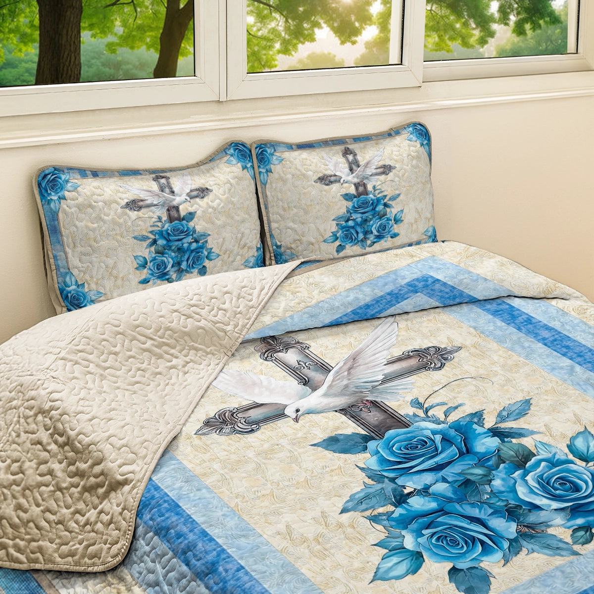 Shineful All Season Quilt 3-Piece Set - God Blue Rose Faith