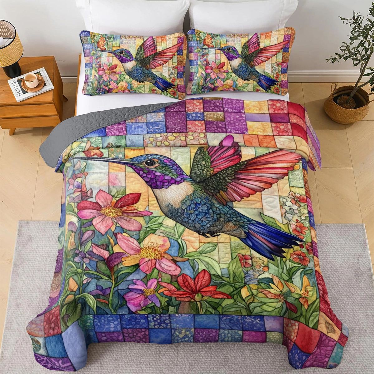 Shineful All Season Quilt 3-teiliges Set Vibrant Hummingbird Garden