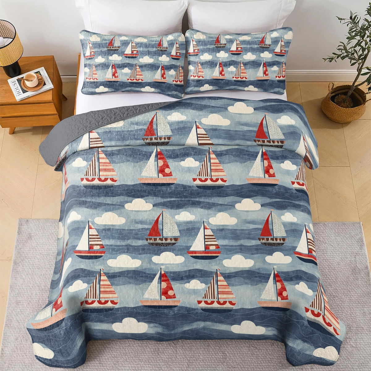 Shineful All Season Quilt 3-Piece Set Sailing Sailboat Serenity