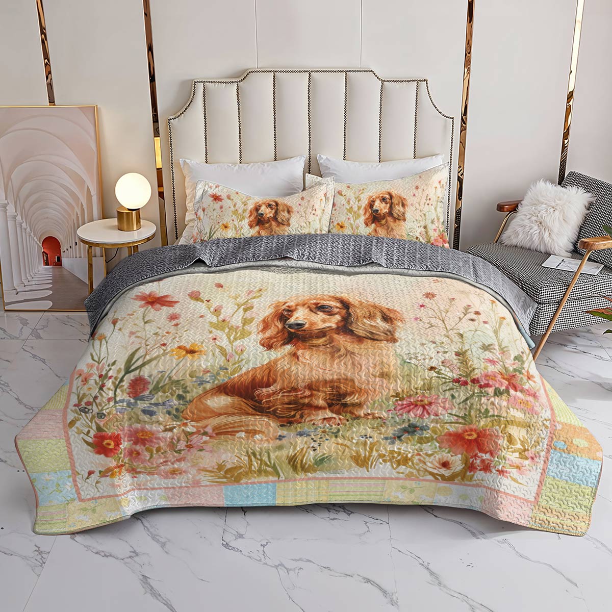 Shineful All Season Quilt 3-Piece Set Dachshund Garden Bliss