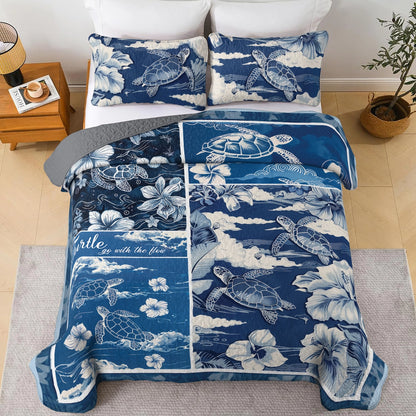 Ensemble de courtepointe toutes saisons Shineful 3 pièces Motif tortue de mer fluide Serenity