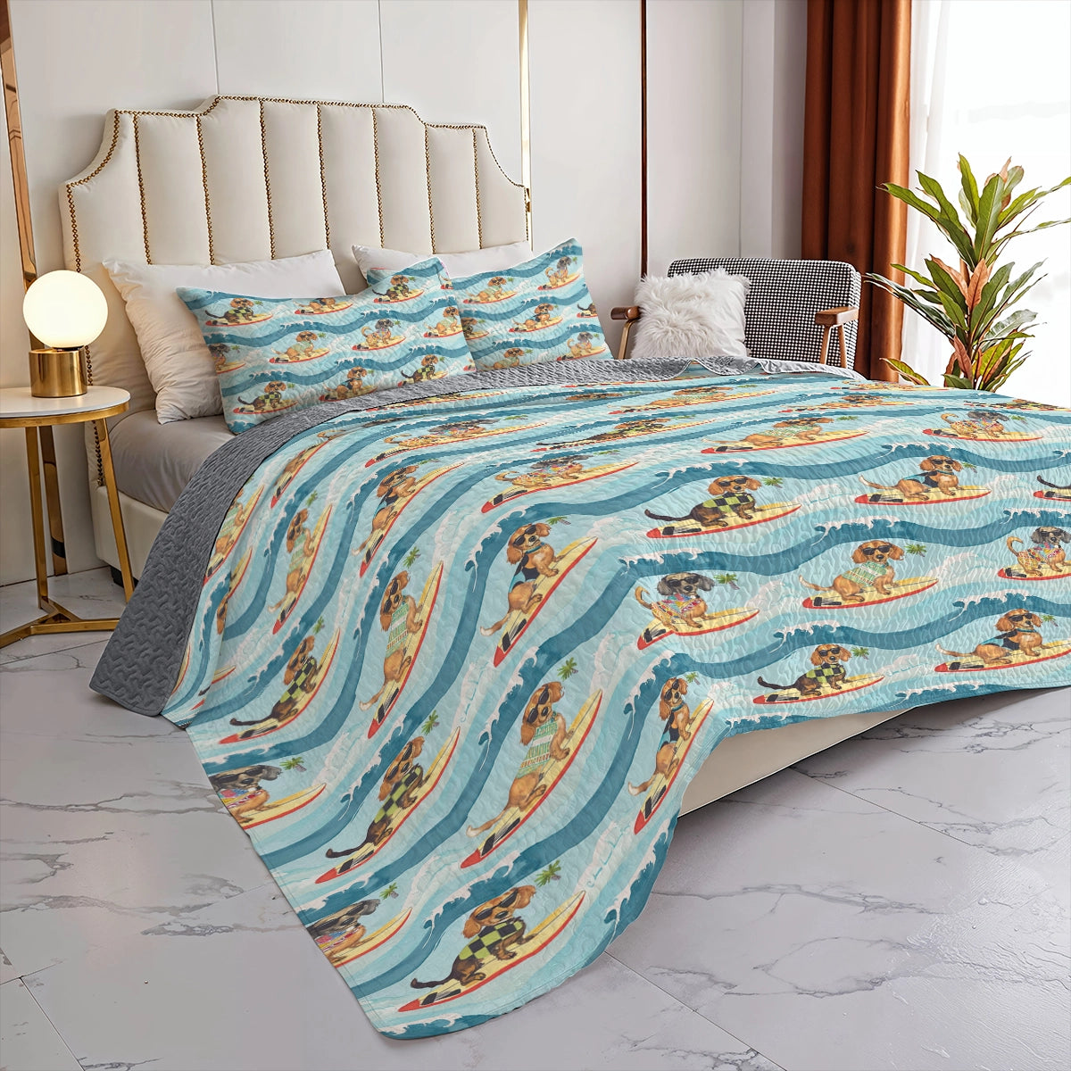 Shineful All Season Quilt 3-Piece Set Dachshund Surfing