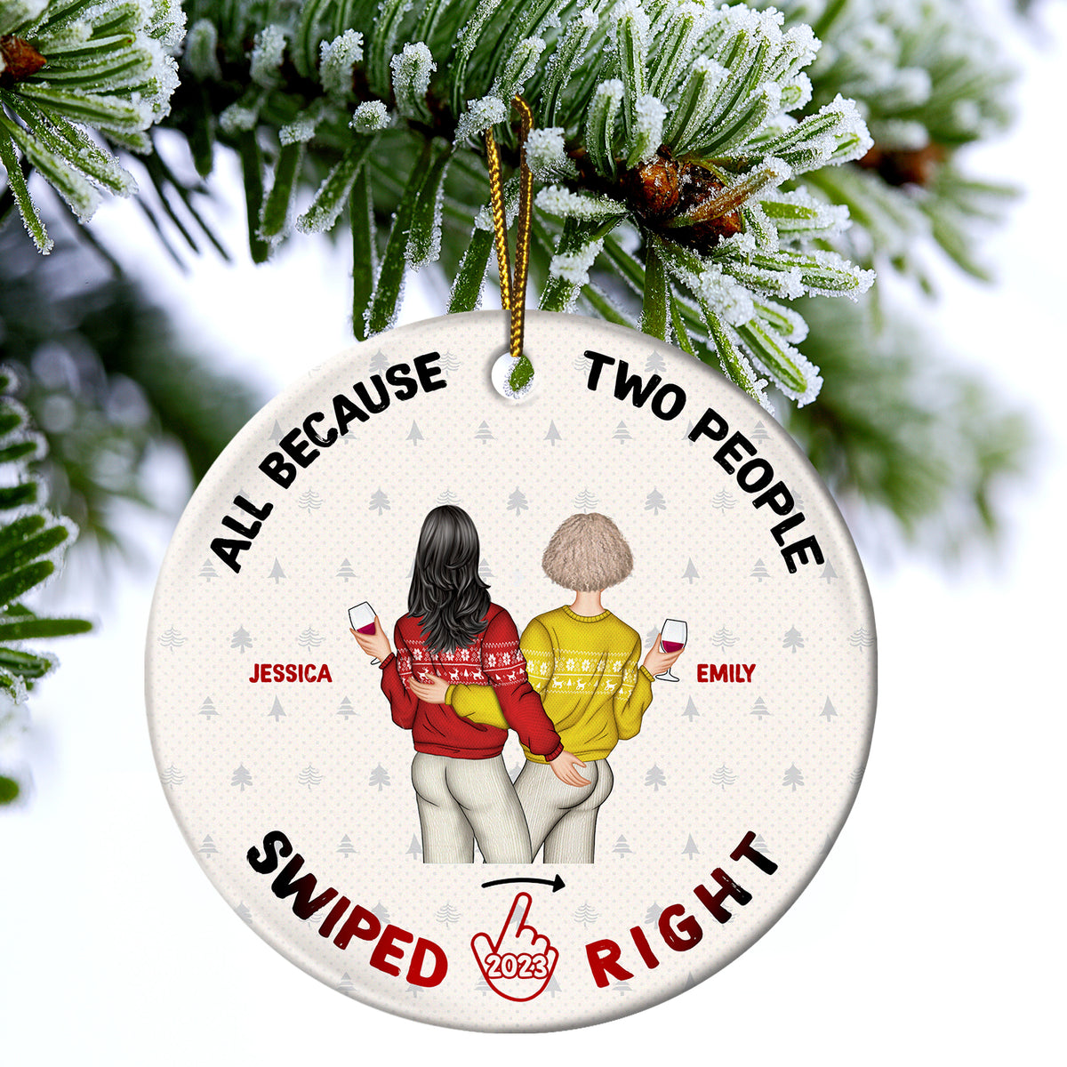 Christmas Swiped Right - Gift For Couples Personalized Custom Circle Ceramic Ornament