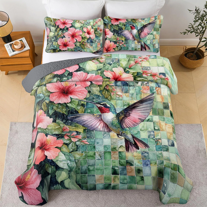 Shineful All Season Quilt 3-Piece Set Hibiscus Hummingbird