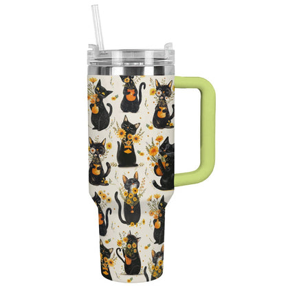 Glänzendes Becher-Set mit Katze und gelber Blume