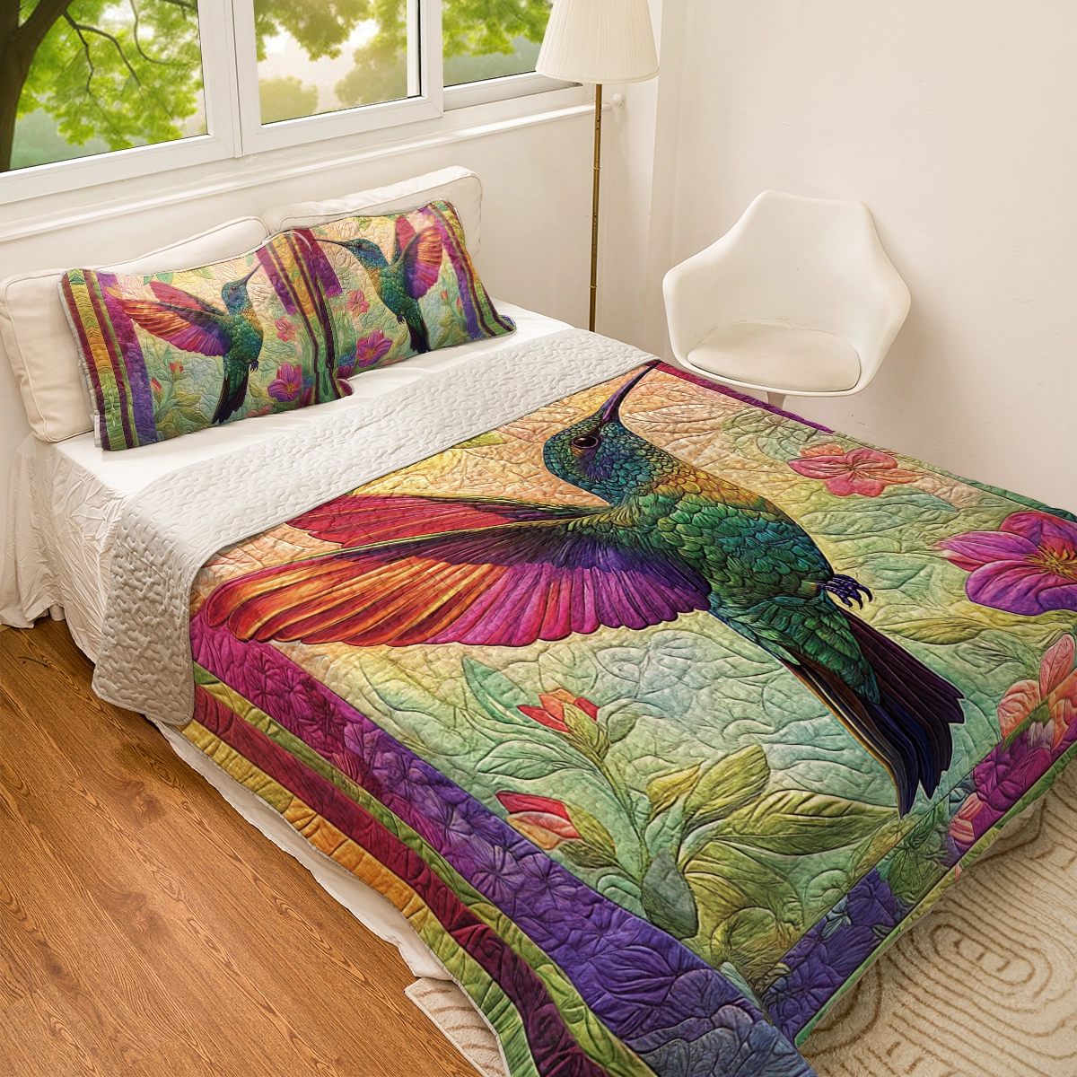 Shineful All Season Flat Print Quilt 3-Piece Set - Vibrant Mystic Hummingbird