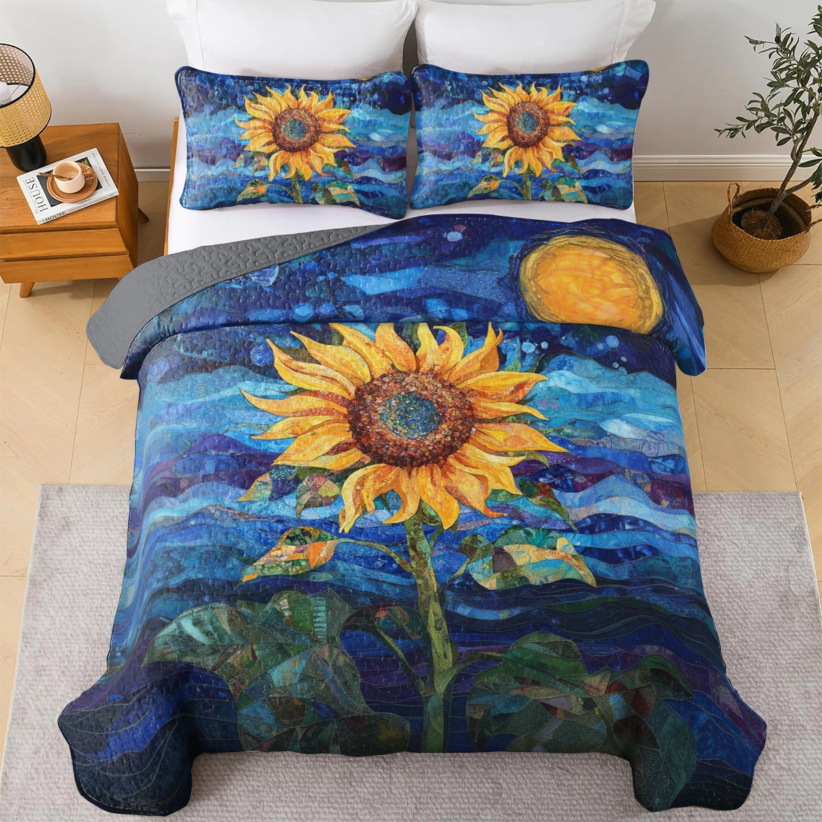 Shineful All Season Quilt 3-Piece Set Beautiful Starry Sunflower Night