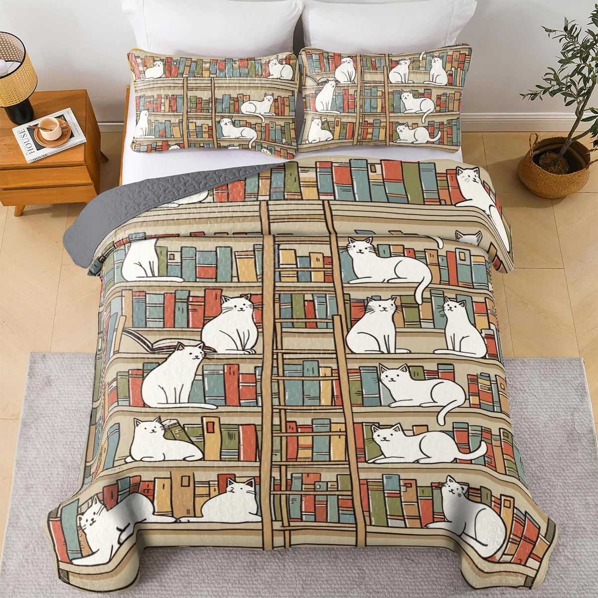 Shineful All Season Quilt 3-Piece Set Cozy Library Cats