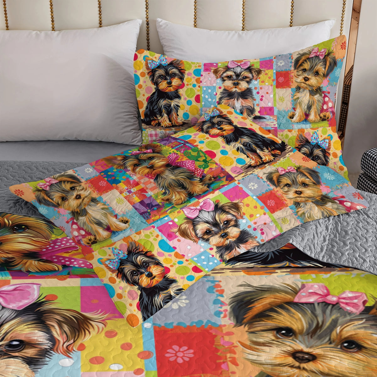 Shineful All Season Quilt 3-Piece Set Cute Yorkie Patchwork