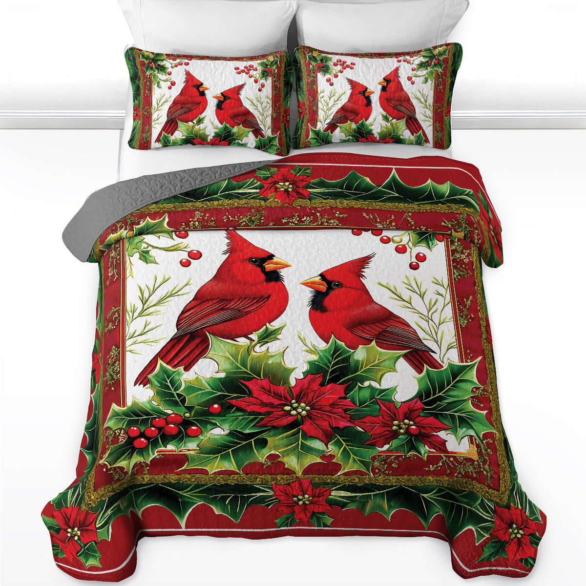 Shineful All Season Quilt 3-Piece Set - Winter Cardinals and Holly Christmas